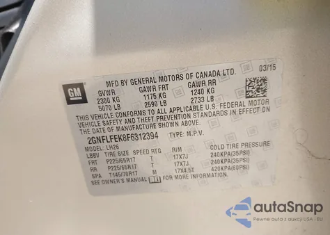 2015 Chevrolet Equinox 1Lt из США, поврежденный, VIN 2GNFLFEK8F6312394